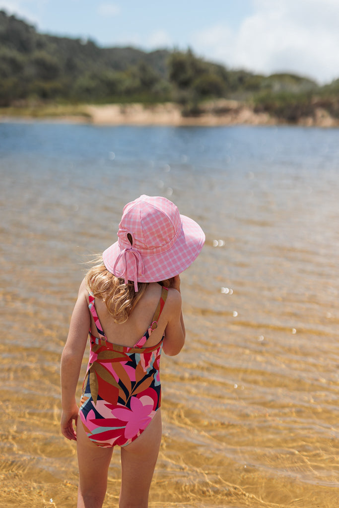 Pink Gingham Wide Brim Swim Hat - Acorn Kids Accessories