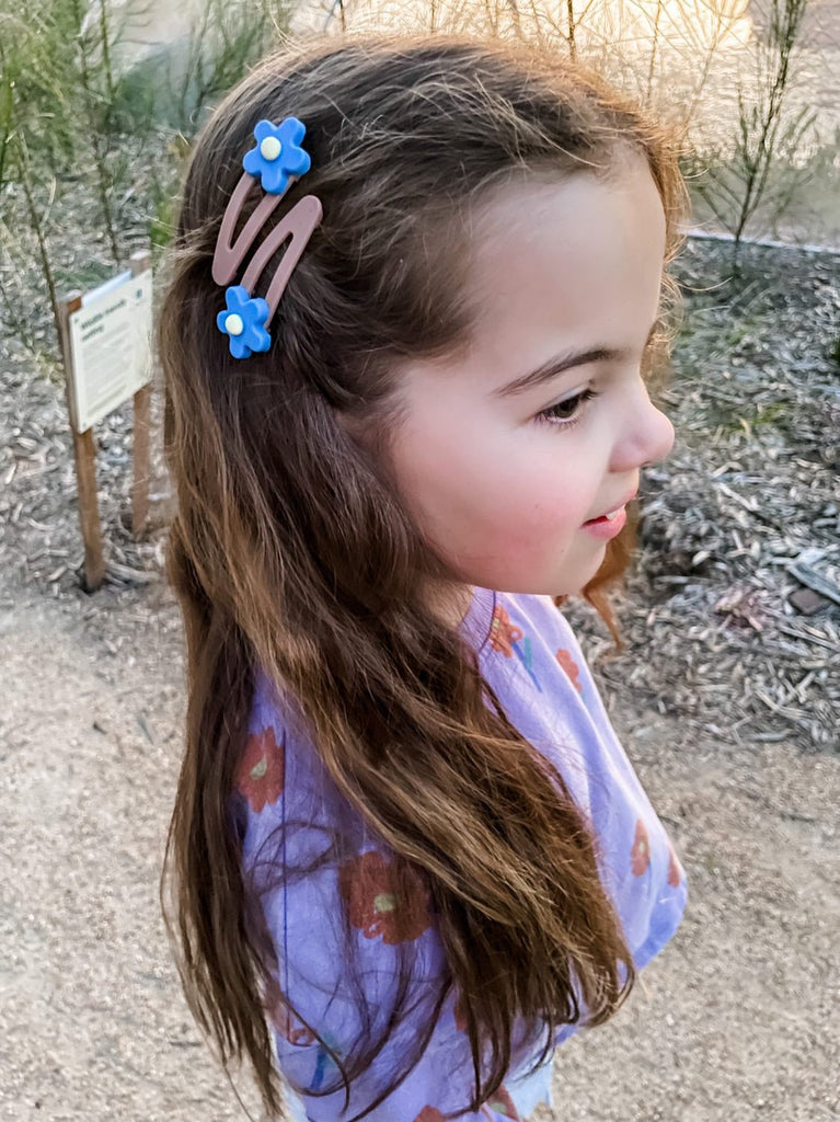 Daisy Hair Clip Blue and Tan - Acorn Kids Accessories